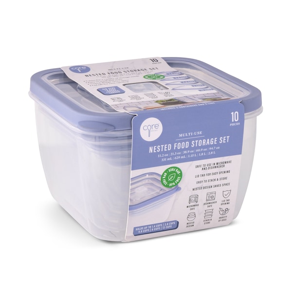 Core Kitchen 10pc Square Food Storage Set - 11.2oz/21.3oz/38.9oz/60.9oz/94.7oz - Rain Melody 48548 - main